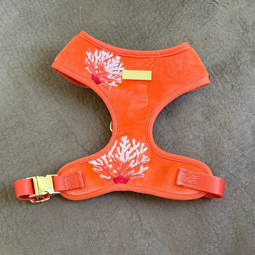 Coral Embroidered Dog Harness Leash Collar Set Gold Orange pink surfer beach fun